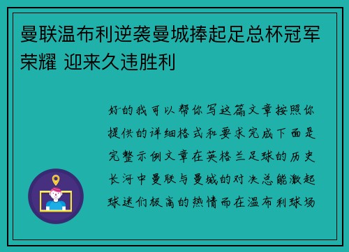 曼联温布利逆袭曼城捧起足总杯冠军荣耀 迎来久违胜利
